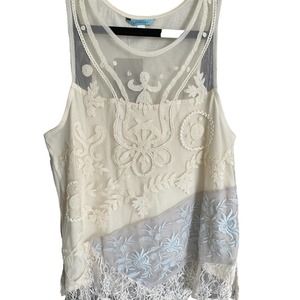 Leifnotes Womens Lace Overlay Long Tank Top Sleeveless Size S Ivory